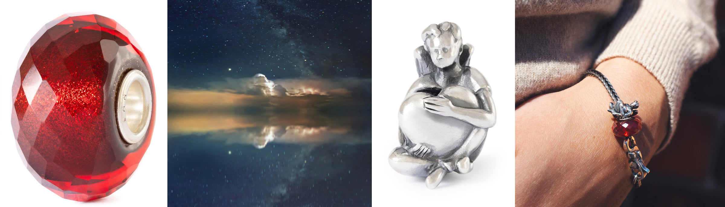 Collage of red shimmering glass bead, silver angel holding a heart and winter starry night sky